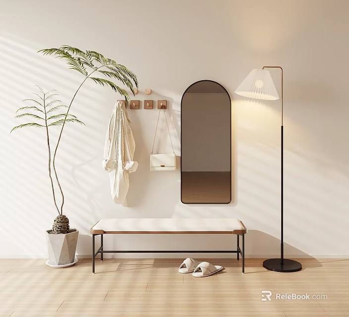 Cozy Entryway Decor With Hook Board Oval Mirror Bench Slippers Floor Lamp And Potted Plant 3d model 
