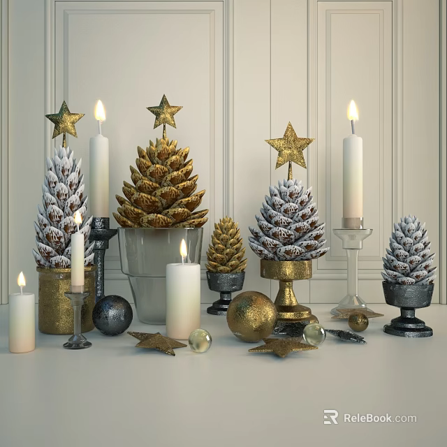 Decorative Ornament Set With Pine Cones Gold Stars White Candles Metallic Spheres And Holders 3d model 