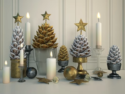 Decorative Ornament Set With Pine Cones Gold Stars White Candles Metallic Spheres And Holders 3d model
