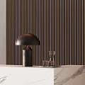 Elegant Modern Reception Desk With Marble Countertop And Wooden Slat Wall Decor