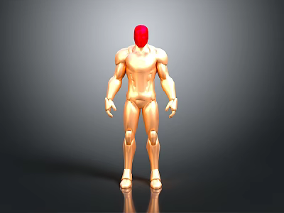 Detailed Golden Humanoid Model With Red Head In Standing Pose 3D Sculpture 3d model