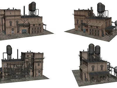Industrial Factory Building Red Brick Multi Story With Water Towers Pipelines Exterior View 3d model