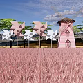 Scenic Park Landscape With Pink Grass White Windmills Green Trees And Romantic Pavilions