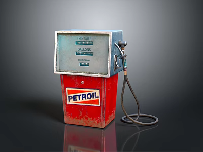 Vintage Red PETROIL Petrol Pump With Gasoline Regular Fuel Labels And Fuel Nozzle Hose 3d model
