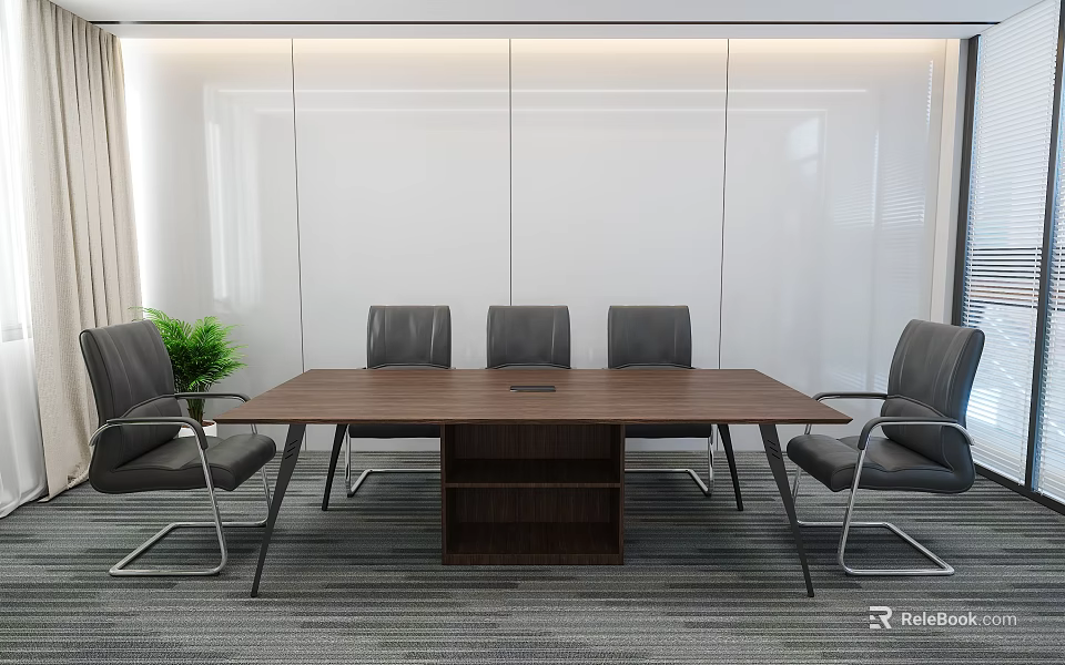 Modern Conference Room Interior With Wooden Table Gray Chairs White Walls And Green Plant 3d model 