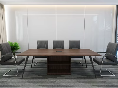 Modern Conference Room Interior With Wooden Table Gray Chairs White Walls And Green Plant 3d model