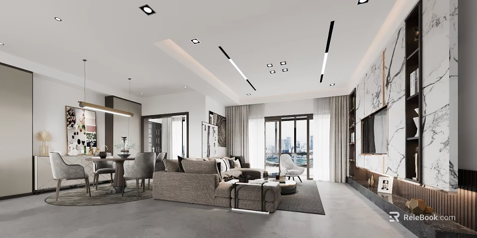 Modern Living Dining Room Interior With Sofa Dining Table Lighting And Floor To Ceiling Windows 3d model