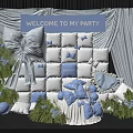 Floral Decoration Setup For Party With Blue White Theme Welcome Sign Pillows And Bows