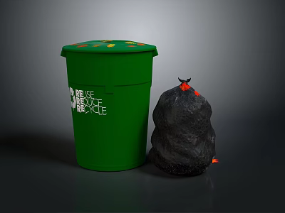 Green Trash Bin With Reuse Reduce Recycle Label And Black Garbage Bag 3d model