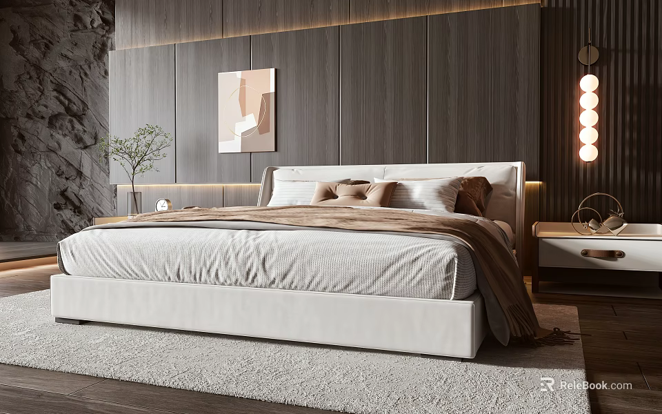 Elegant Modern Double Bed Featuring Wooden Wall Bedside Table Lamp and Plush Rug 3d model 