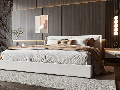 Elegant Modern Double Bed Featuring Wooden Wall Bedside Table Lamp and Plush Rug 3d model