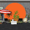 Outdoor Leisure Area With Orange Circular Backdrop Red White Striped Umbrella Green Chairs Plants And Moon Lamp