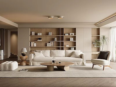 Modern Cozy Living Room With Beige Sofa Wooden Coffee Table And Bookshelf Decor 3d model