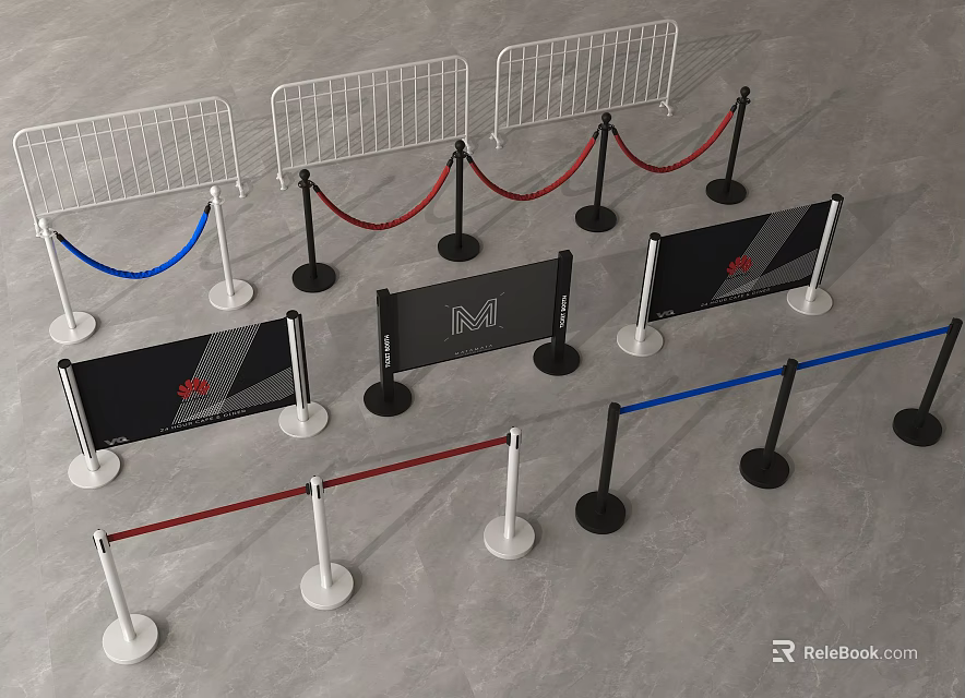 Assorted Metal Crowd Control Barriers With Red Blue Ropes And Logo Panels 3d model
