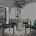 Modern Hotel Mahjong Room Interior With White Table Green Chairs And City View Chandelier