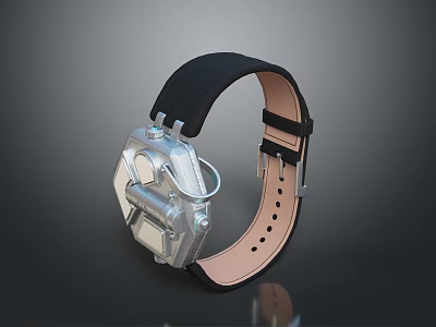 Silver Mechanical Watch With Black Strap And Light Brown Inner Lining 3d model