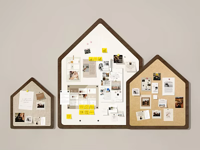 Three House Shaped Bulletin Boards with Photos Papers and Notes Decorative 3d model