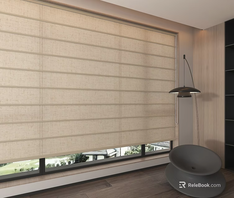 Modern Room Interior With Beige Roman Blinds On Large Window And Wooden Wall 3d model 