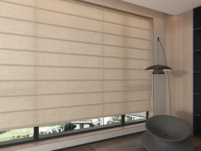 Modern Room Interior With Beige Roman Blinds On Large Window And Wooden Wall 3d model