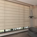 Modern Room Interior With Beige Roman Blinds On Large Window And Wooden Wall