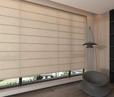 Modern Room Interior With Beige Roman Blinds On Large Window And Wooden Wall 3d model
