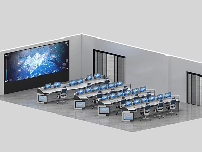 Modern Monitoring Room Interior With Large Display Screen Multiple Control Desks And Workstations 3d model