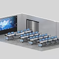 Modern Monitoring Room Interior With Large Display Screen Multiple Control Desks And Workstations