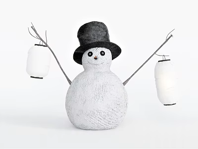 Winter Holiday Decorative Snowman With Black Hat Holding White Lanterns On Arms 3d model