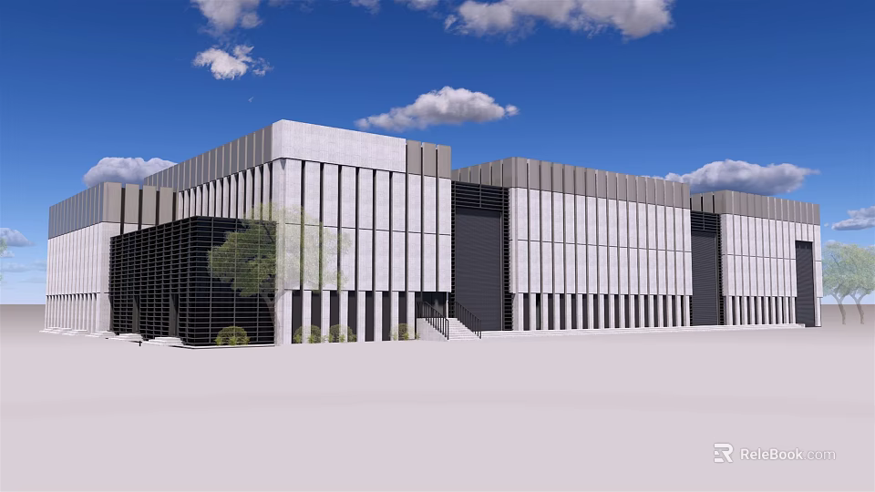 Modern Office Building Exterior With Glass Facade And Metal Panels Under Blue Sky 3d model 