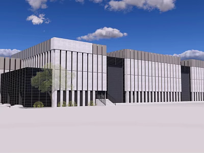 Modern Office Building Exterior With Glass Facade And Metal Panels Under Blue Sky 3d model