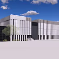 Modern Office Building Exterior With Glass Facade And Metal Panels Under Blue Sky