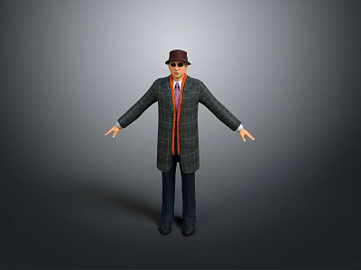 Man Wearing Brown Hat Plaid Coat With Orange Lining Purple Tie And Arms Outstretched 3d model