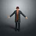 Man Wearing Brown Hat Plaid Coat With Orange Lining Purple Tie And Arms Outstretched
