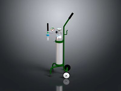 Mobile Oxygen Cylinder Cart With Green Frame White Cylinder Wheels Pressure Gauge And Valves 3d model