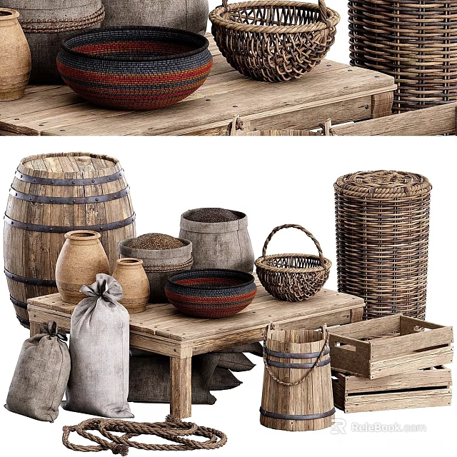 Rustic Household Items with Wooden Barrels Clay Pots and Woven Baskets 3d model 