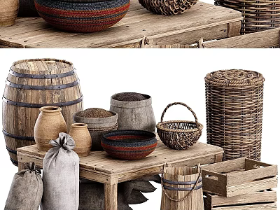 Rustic Household Items with Wooden Barrels Clay Pots and Woven Baskets 3d model
