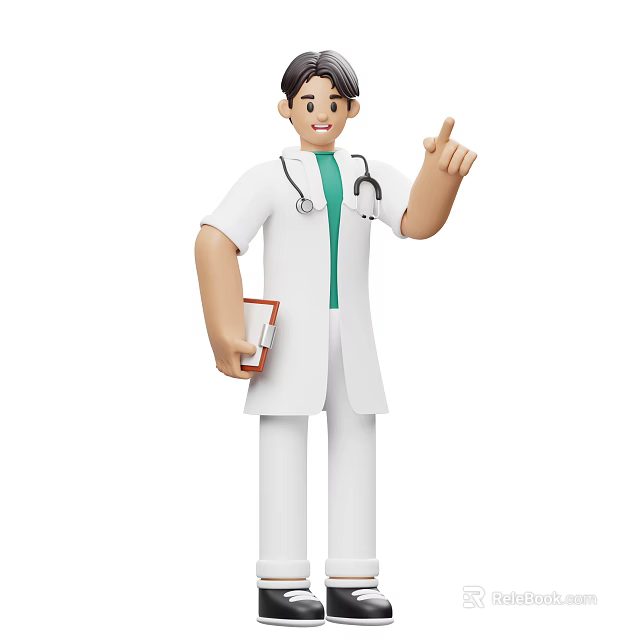 Man in white coat with stethoscope as doctor holding folder and pointing upwards 3d model 