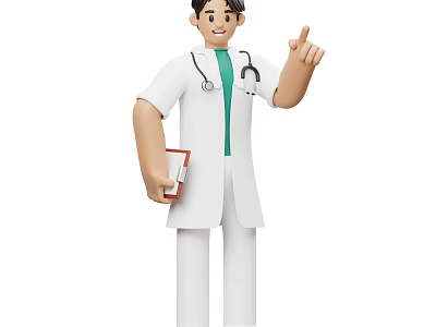 Man in white coat with stethoscope as doctor holding folder and pointing upwards 3d model