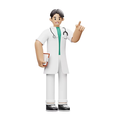Man in white coat with stethoscope as doctor holding folder and pointing upwards 3d model