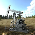 Industrial Oil Pump for Oil Extraction in Open Field With Mountainous Landscape and Blue Sky