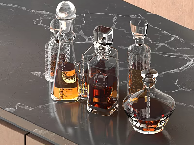 Wine Bottles and Glasses with Various Shapes Different Colored Liquids on Black Marble Textured Tabletop 3d model