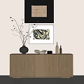Wooden Entryway Console Table With Decorative Vase Twigs Shells Metal Canister Bottles And Wall Art
