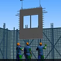 Construction Site Workers in Yellow Hard Hats Installing Concrete Panel With Blue Safety Netting
