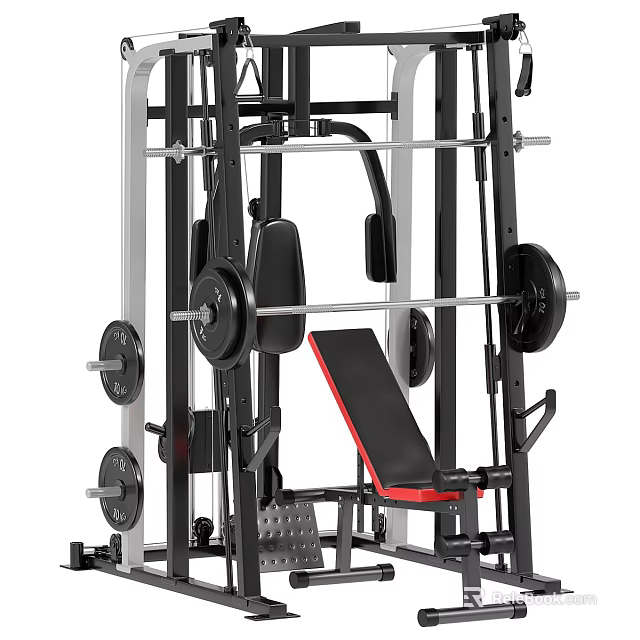 Multi functional Home Gym Equipment With Barbell Weight Bench And Black Red Metal Frame 3d model 