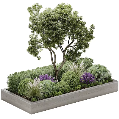 Tree Planter Design With Small Tree Surrounding Green Shrubs And Purple Flowers 3d model