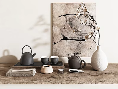Tea Set with Teapot Teacups Tray and Tea Caddy on Wooden Table with Abstract Painting 3d model