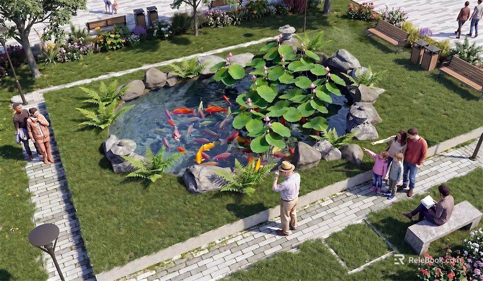Outdoor Aquatic Pond with Koi Fish Lily Pads Rocks Green Plants and People Watching 3d model 