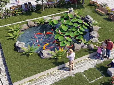 Outdoor Aquatic Pond with Koi Fish Lily Pads Rocks Green Plants and People Watching 3d model