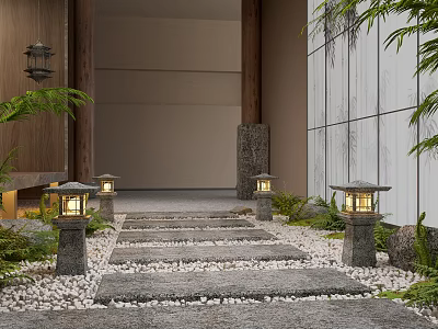 Tranquil Garden Stepping Stones Path With Stone Lanterns Pebbles And Green Foliage 3d model