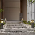 Tranquil Garden Stepping Stones Path With Stone Lanterns Pebbles And Green Foliage